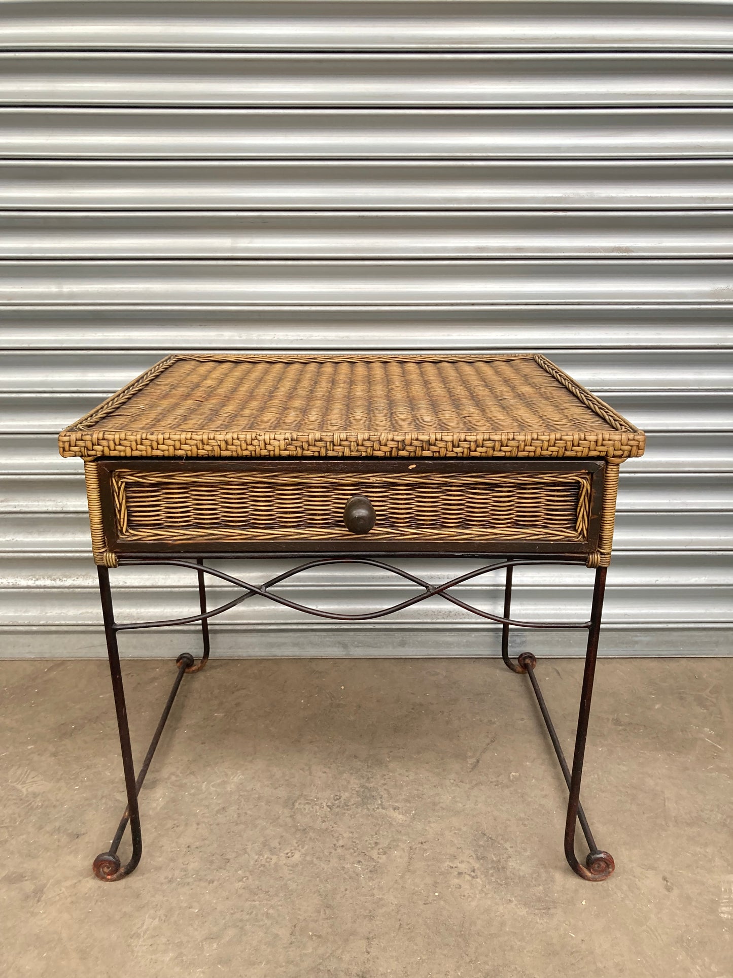 Wrought iron & rattan side table with drawer