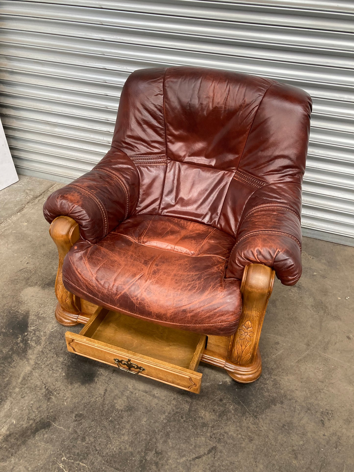 Brown leather Belgium armchair solid oak carved frame with storage drawer