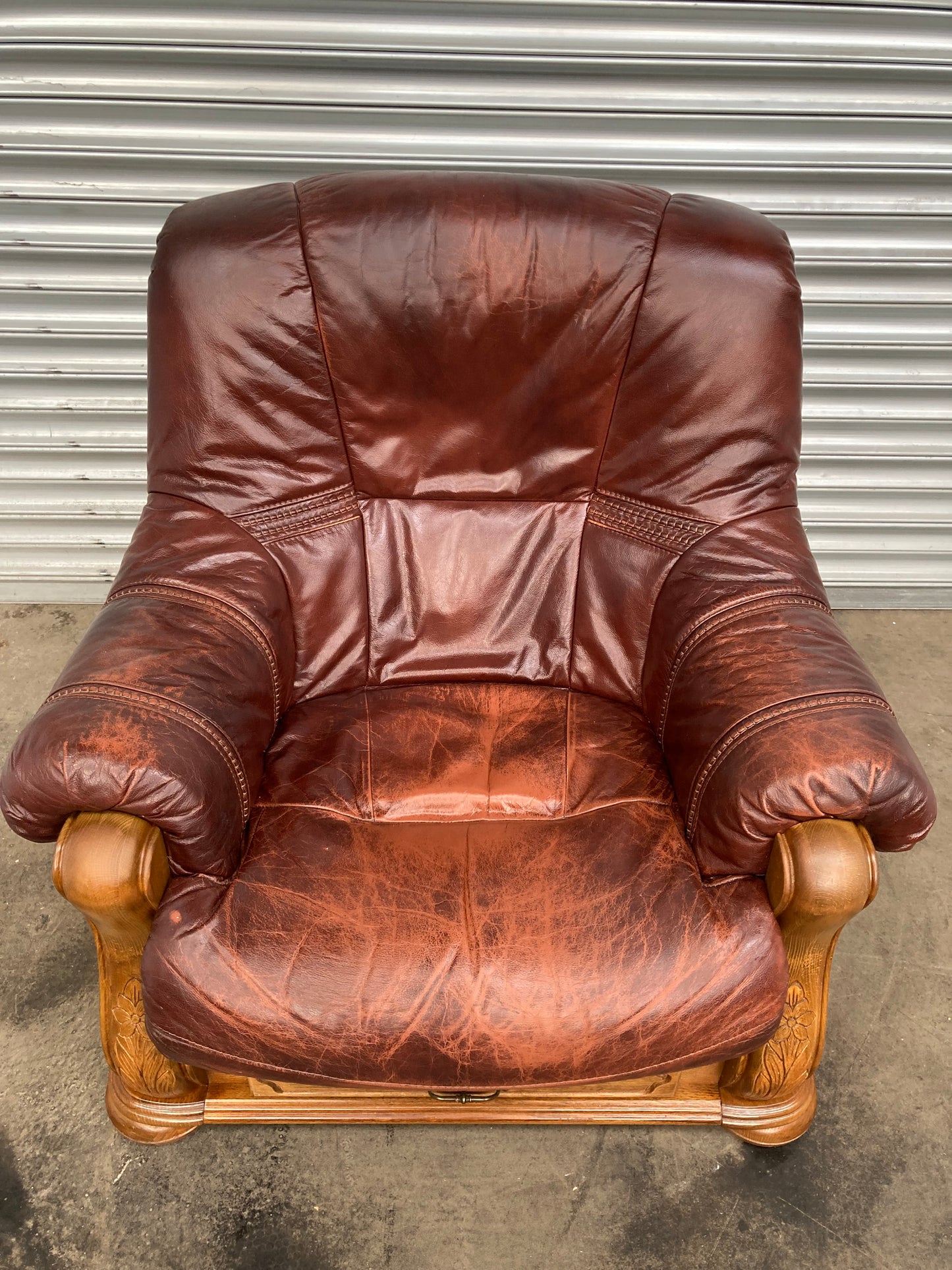 Brown leather Belgium armchair solid oak carved frame with storage drawer