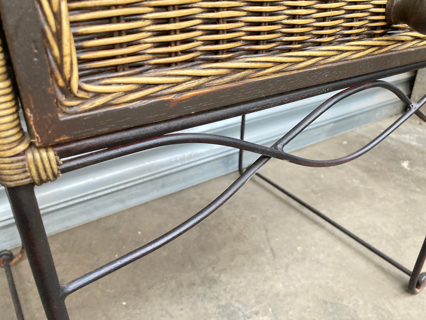 Wrought iron & rattan side table with drawer