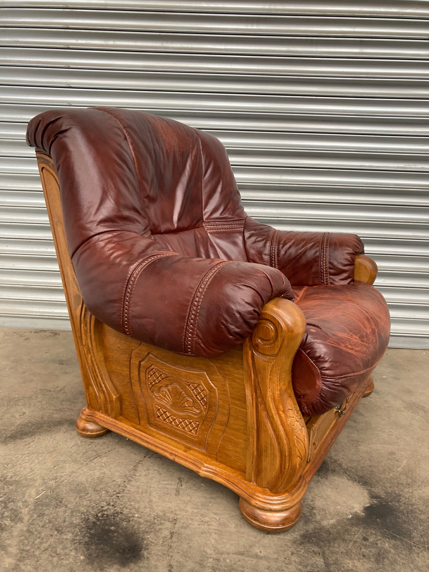 Brown leather Belgium armchair solid oak carved frame with storage drawer