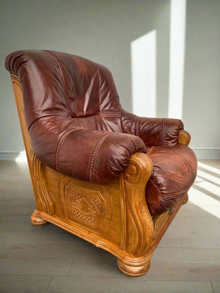 Brown leather Belgium armchair solid oak carved frame with storage drawer