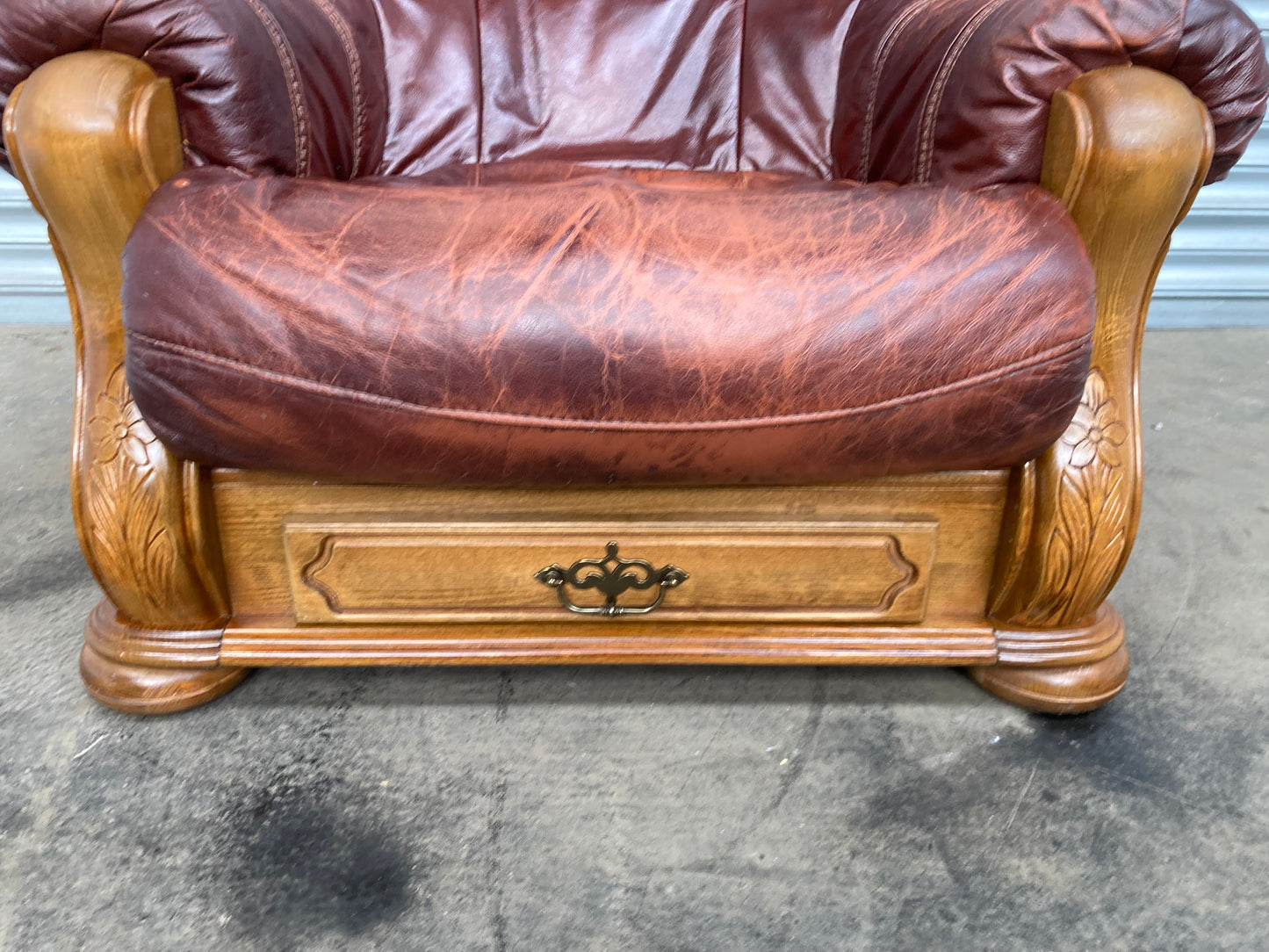 Brown leather Belgium armchair solid oak carved frame with storage drawer