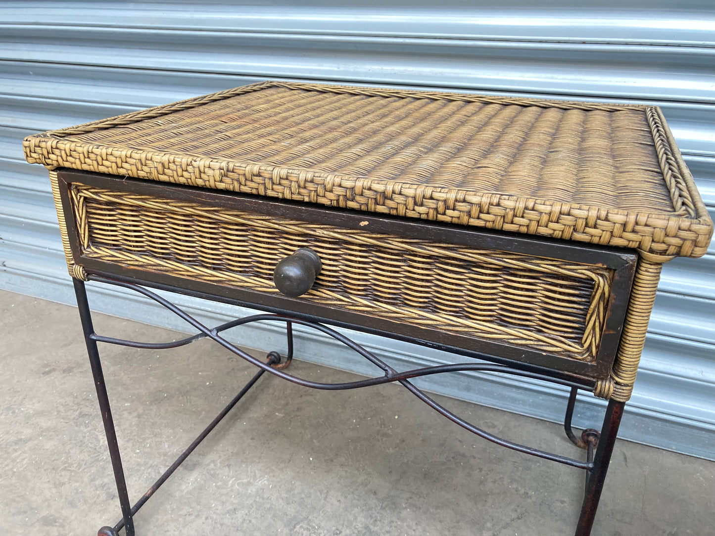 Wrought iron & rattan side table with drawer