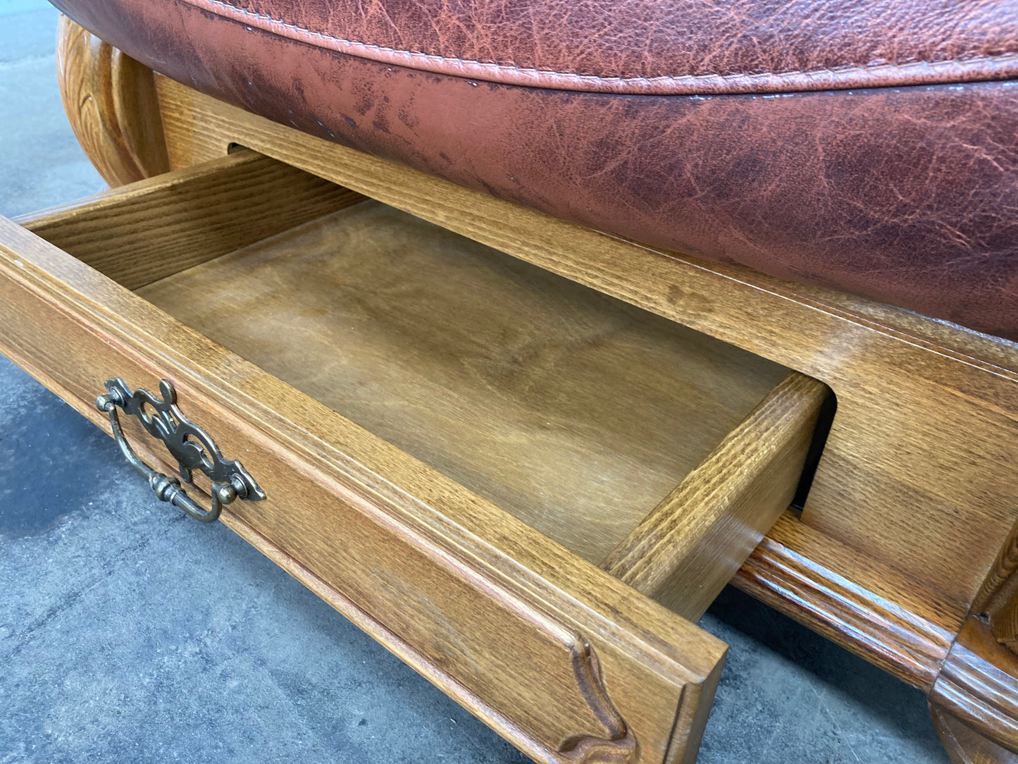 Brown leather Belgium armchair solid oak carved frame with storage drawer