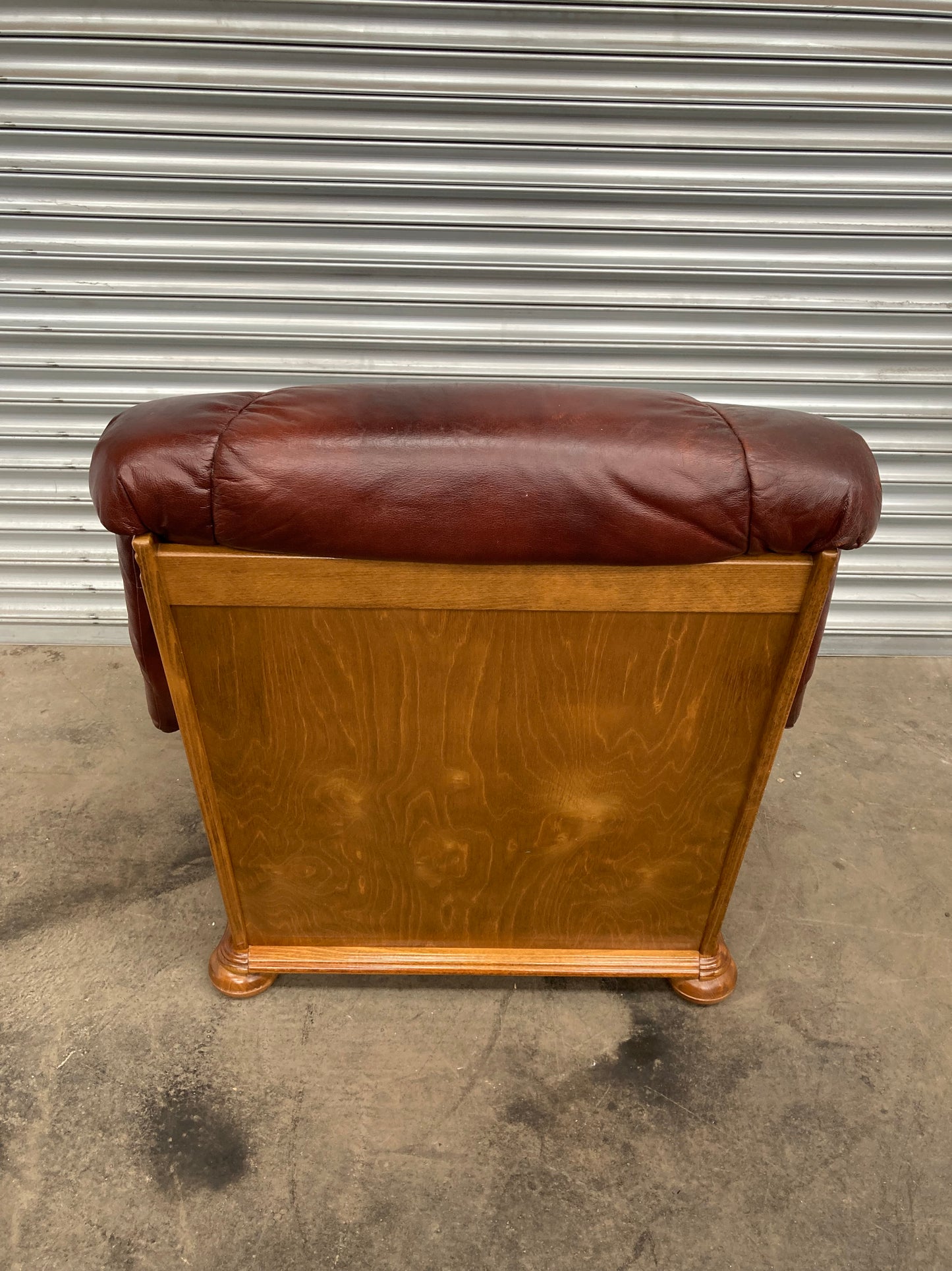 Brown leather Belgium armchair solid oak carved frame with storage drawer