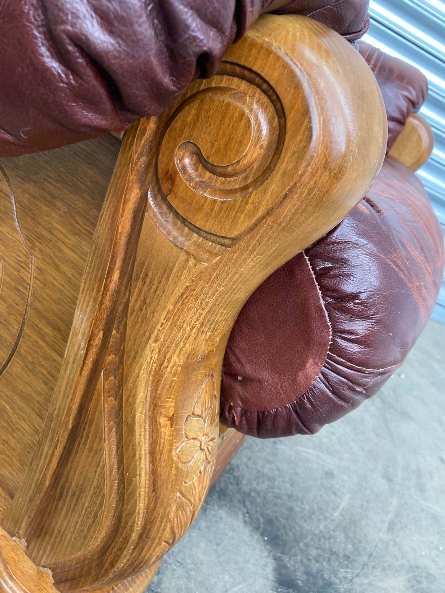 Brown leather Belgium armchair solid oak carved frame with storage drawer