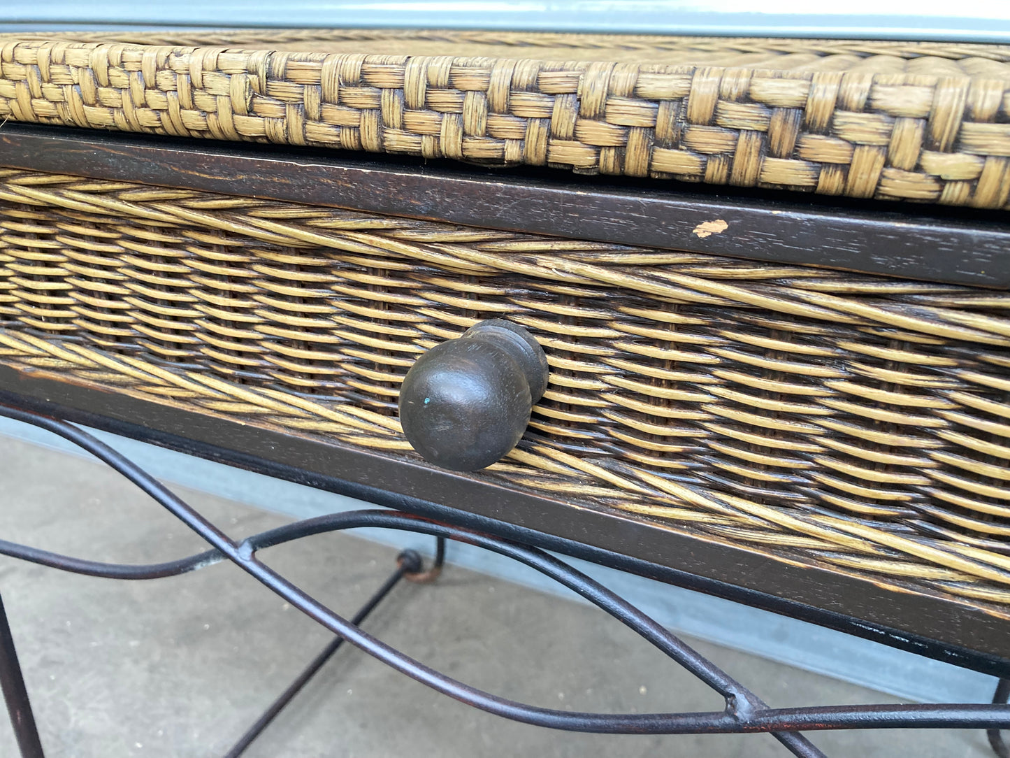 Wrought iron & rattan side table with drawer
