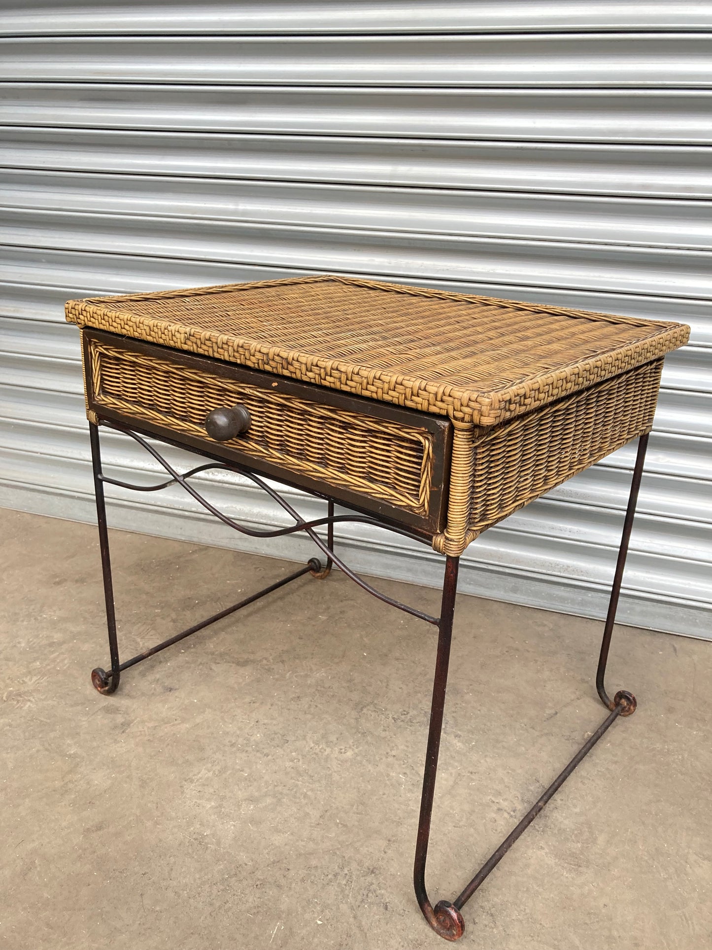 Wrought iron & rattan side table with drawer