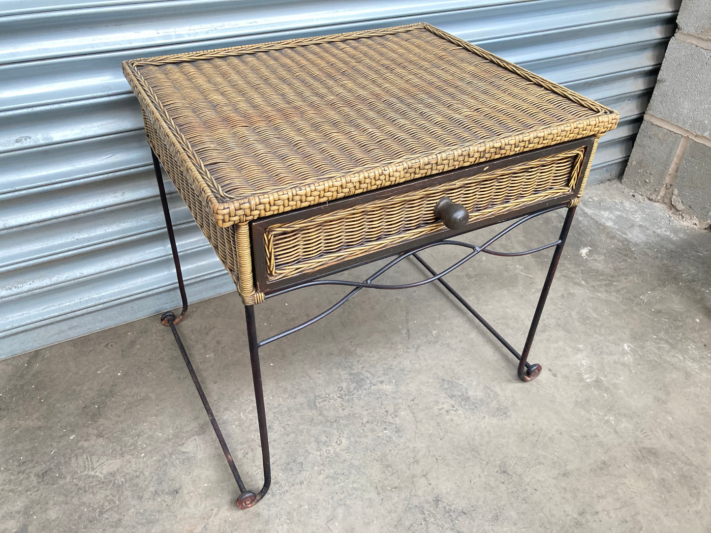 Wrought iron & rattan side table with drawer