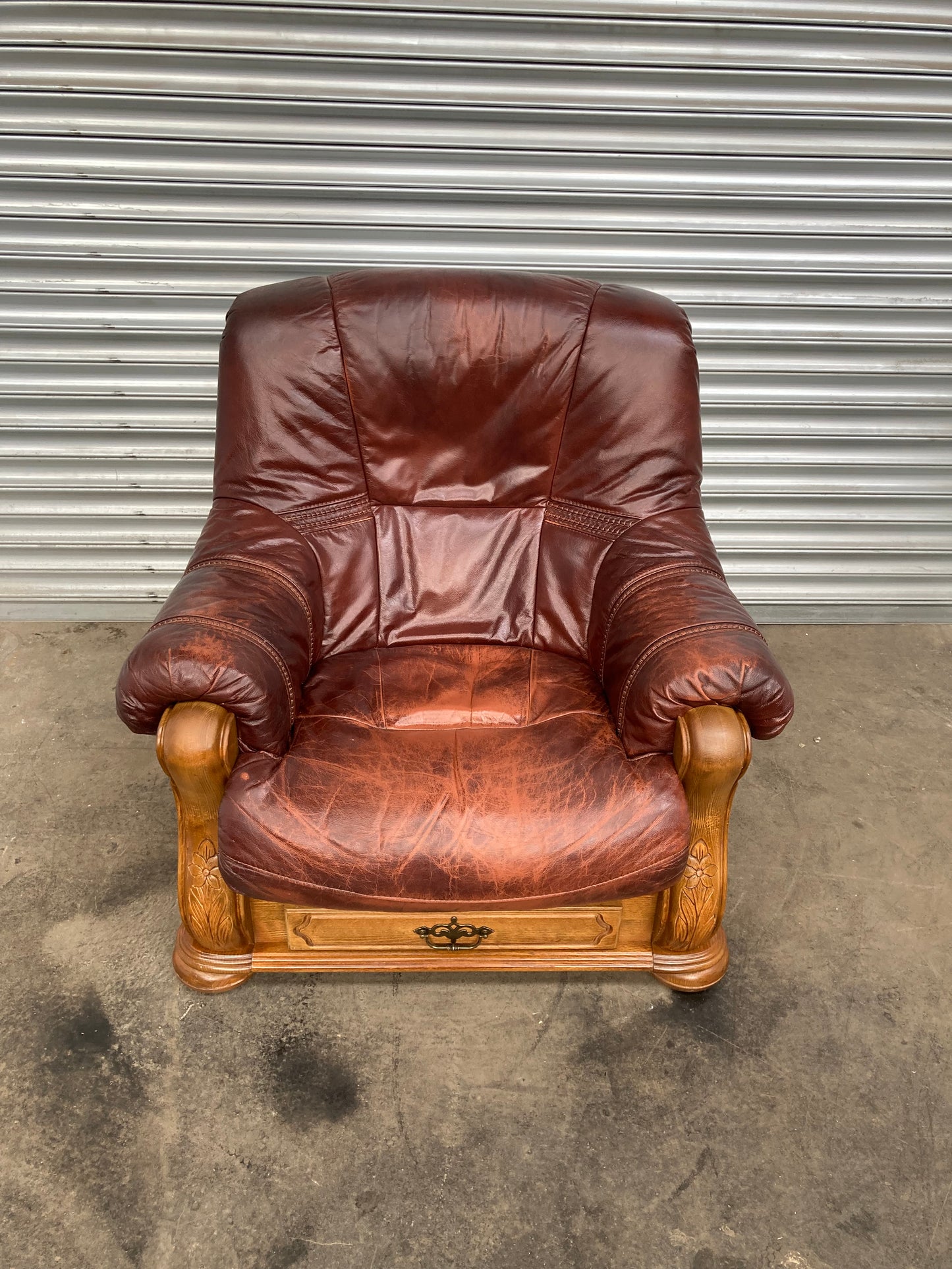 Brown leather Belgium armchair solid oak carved frame with storage drawer