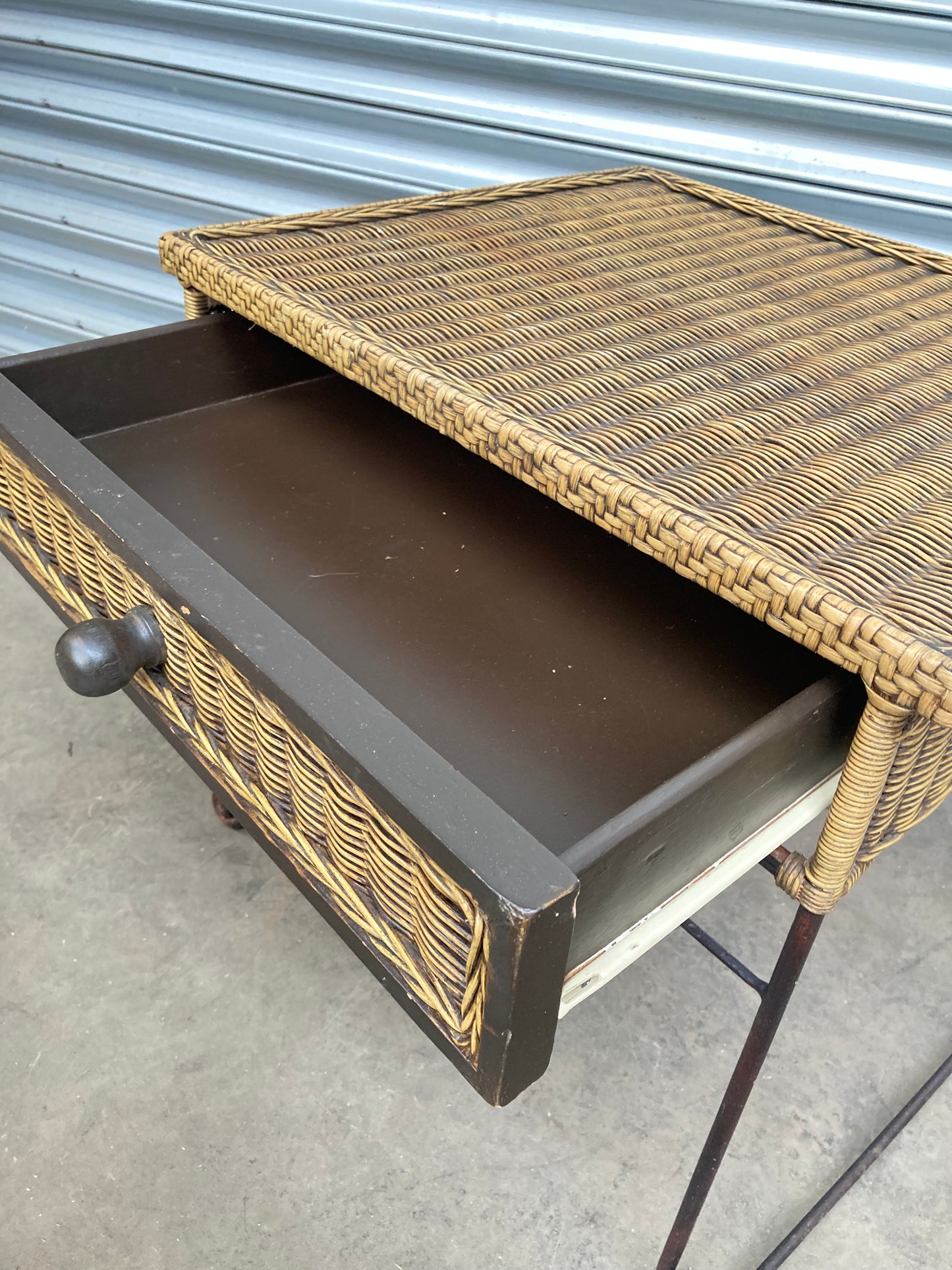 Wrought iron & rattan side table with drawer