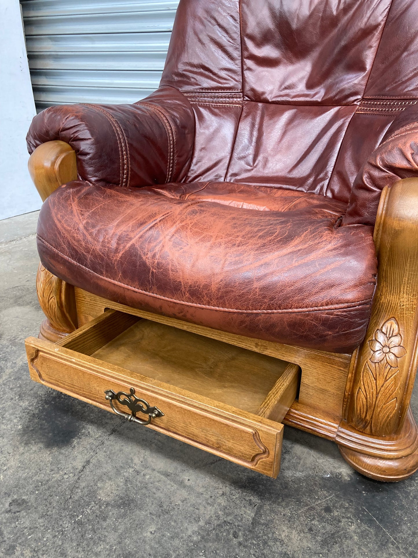 Brown leather Belgium armchair solid oak carved frame with storage drawer