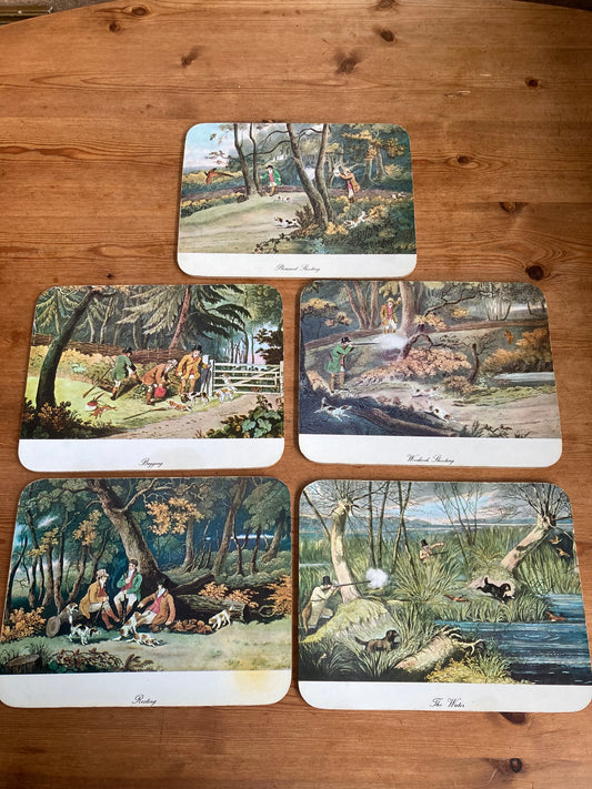 🦆🎯 Vintage Hunting Scene Placemats – Set of 5 – Acrylic/Melamine with Cork Backing 🪵🍂