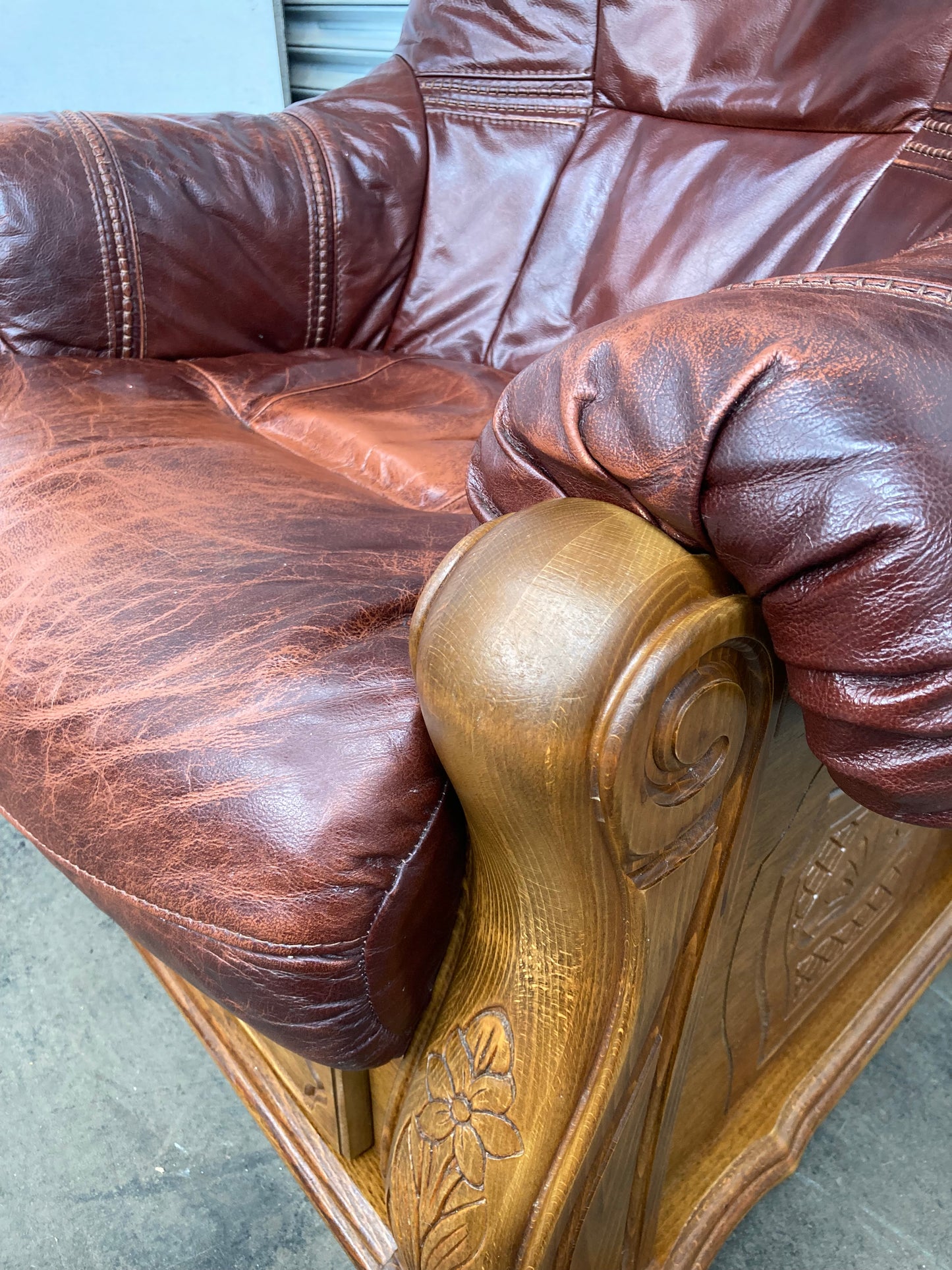Brown leather Belgium armchair solid oak carved frame with storage drawer