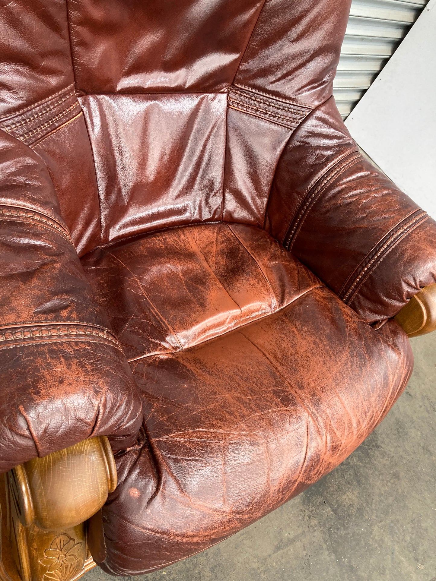 Brown leather Belgium armchair solid oak carved frame with storage drawer