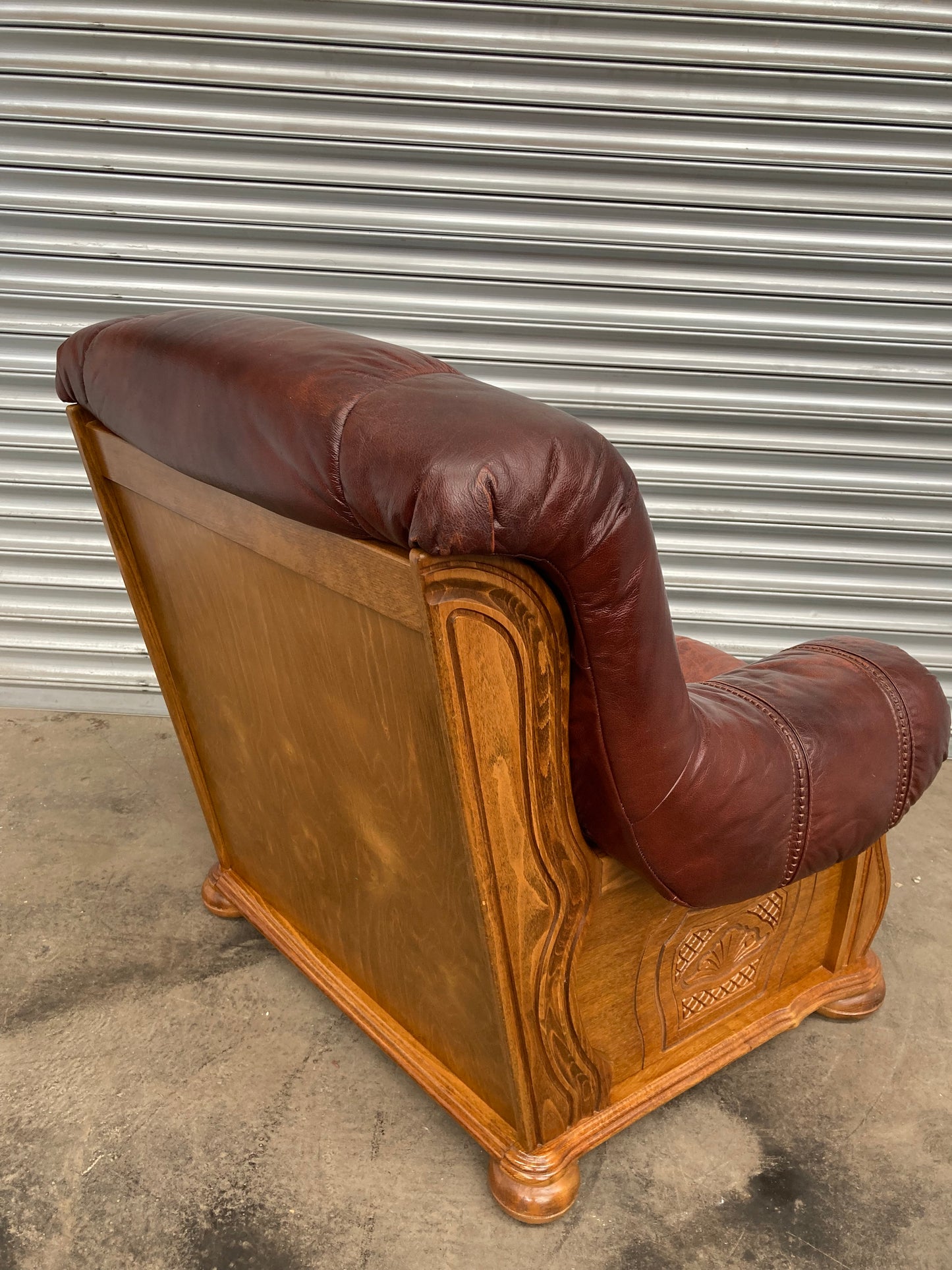 Brown leather Belgium armchair solid oak carved frame with storage drawer