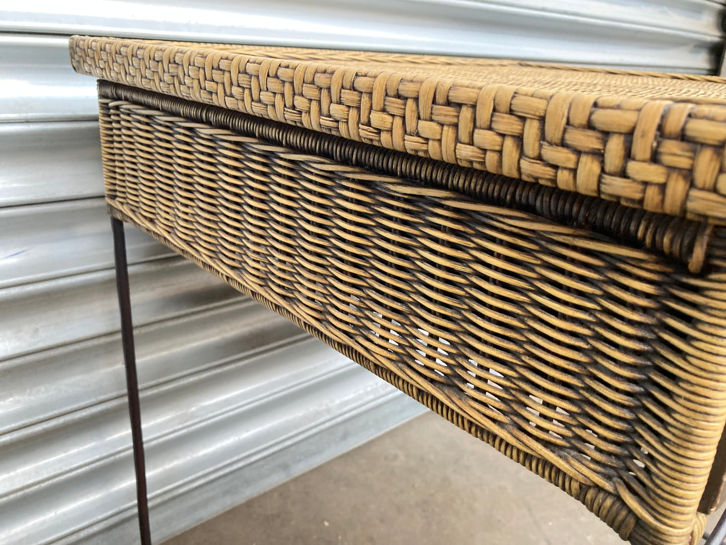 Wrought iron & rattan side table with drawer