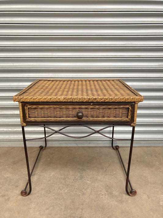 Wrought iron & rattan side table with drawer
