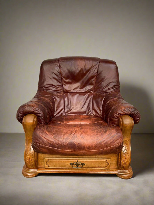 Brown leather Belgium armchair solid oak carved frame with storage drawer