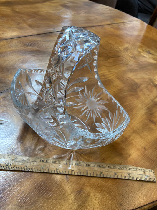 Vintage Lead Crystal Cut Glass Fruit Basket with Etched Floral Design