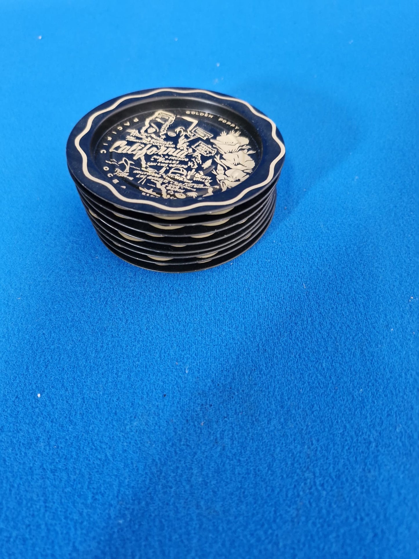 Vintage California Souvenir Tin Coasters -Set of 8 - 1960s/1970s "Golden Poppy"